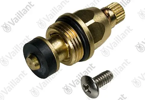 Vaillant Ventiloberteil in Metall mit gummiertem Dichtungsring und Schraube, geeignet für Heizungsanwendungen.
